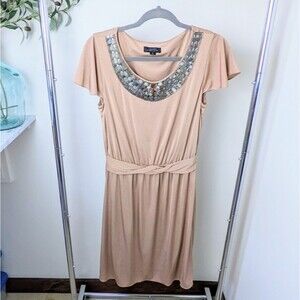 ⭐Tahari Arthur Levine Grecian Jewel Neckline Dress 6 Tan Beige ⭐